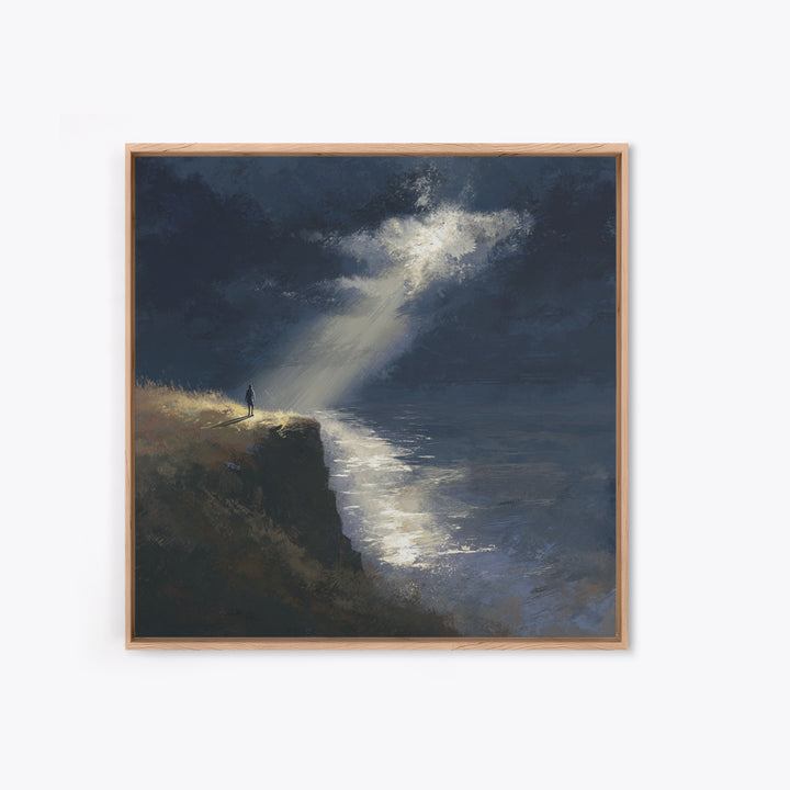 Lone Figure On Moonlit Cliff Wall Art, Moody Seascape, Dramatic Ocean Landscape, Dark Academia, Coastal Canvas Print, Fine Art Print