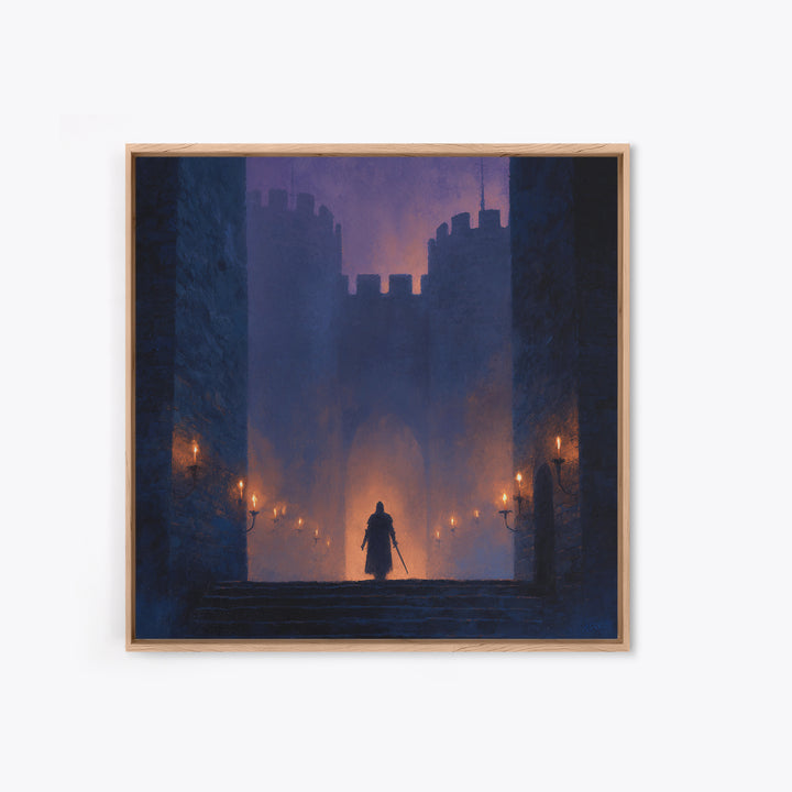 Cloaked Warrior At Castle Gate Wall Art, Dark Fantasy Canvas Print, Medieval Gothic Decor, Moody Game Room Art Gift For Him