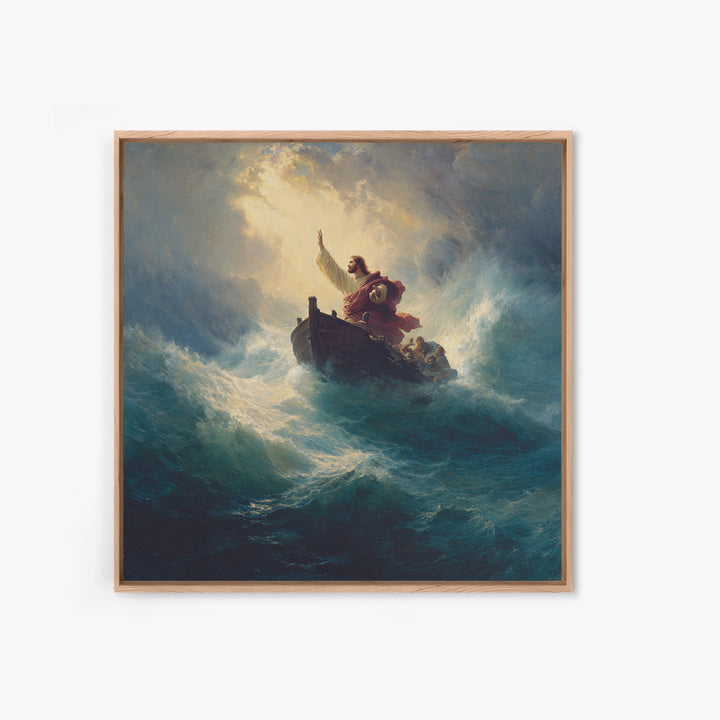 Jesus Calming The Storm At Sea Canvas Print, Biblical Ocean Painting, Christian Wall Art, Faith Gift For Prayer Room Decor