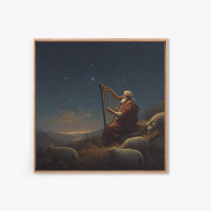 Biblical Shepherd Playing Harp Under Stars Canvas Print, David Psalm Wall Art, Celestial Christian Decor, Peaceful Gift For Her