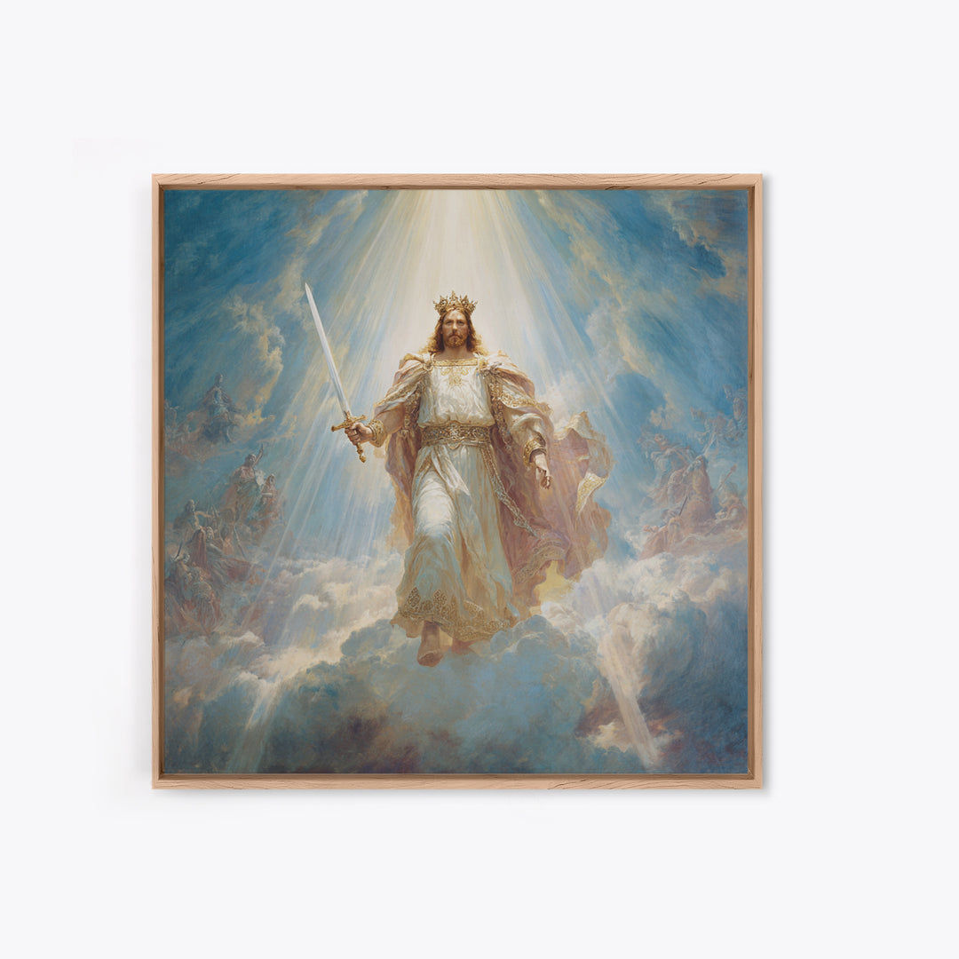 Radiant Jesus Warrior In Clouds Wall Art, Christian Framed Canvas Print, Biblical Religious Home Decor Gift For Prayer Room