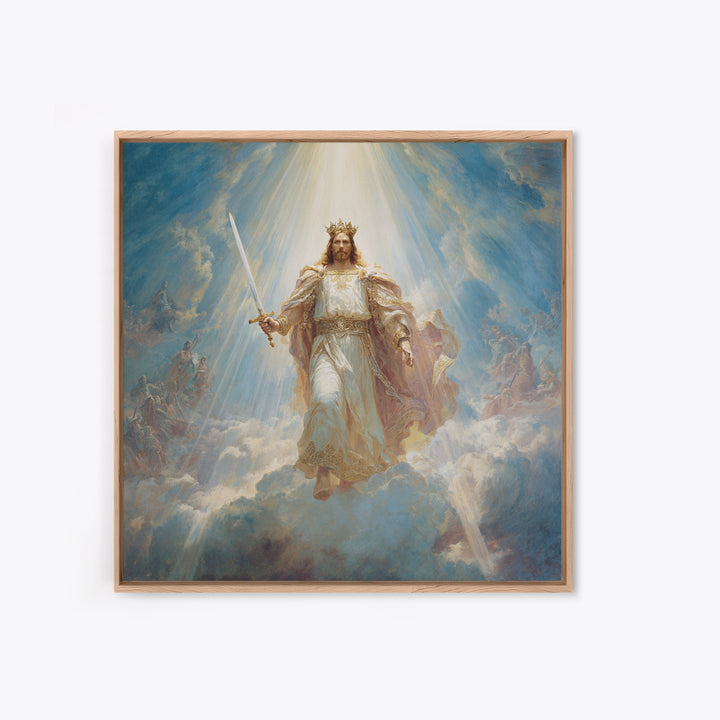 Radiant Jesus Warrior In Clouds Wall Art, Christian Framed Canvas Print, Biblical Religious Home Decor Gift For Prayer Room
