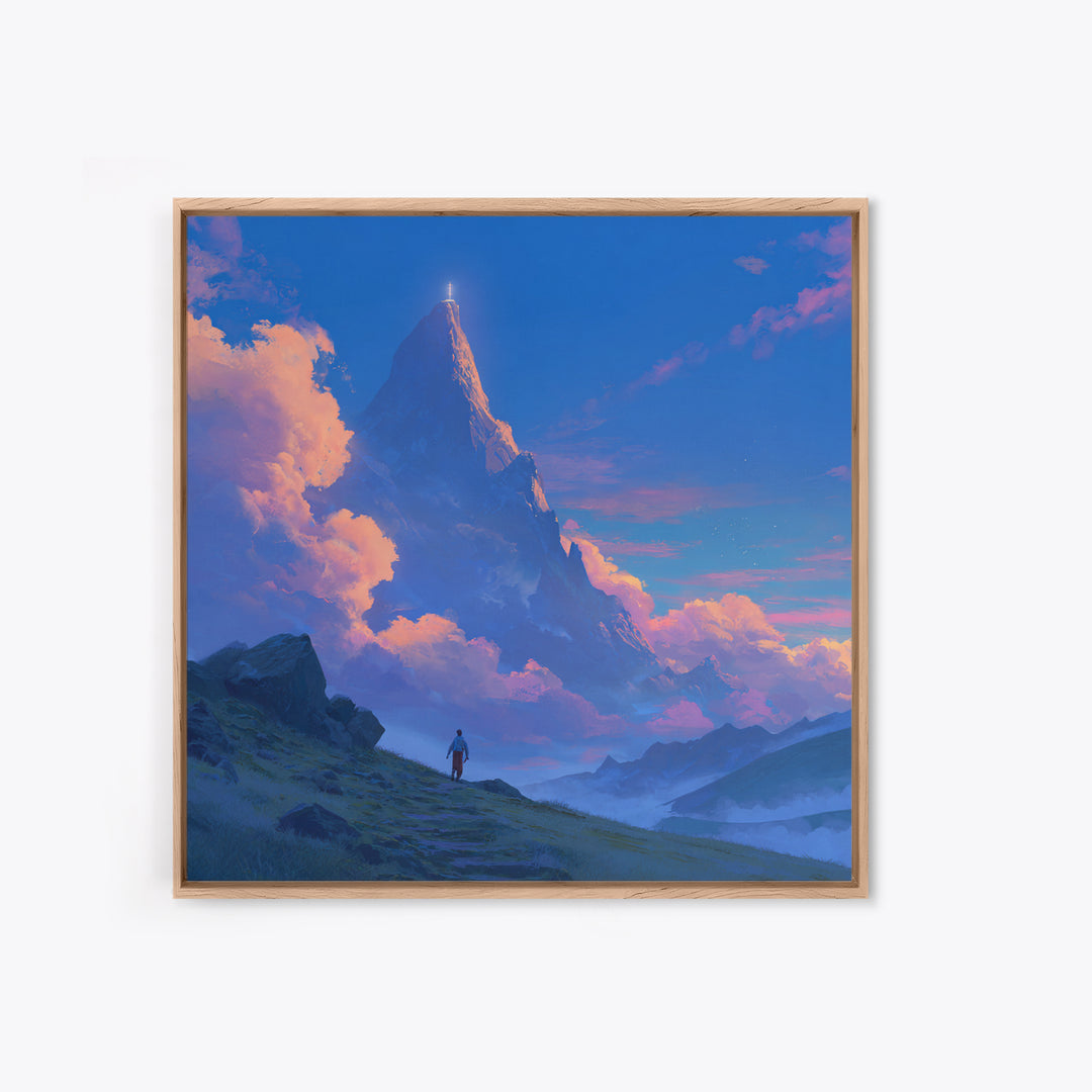 Glowing Fantasy Mountain Canvas Print, Epic Landscape Wall Art, Blue Sky Adventure Decor, Dreamy Nature Art, Gift For Him