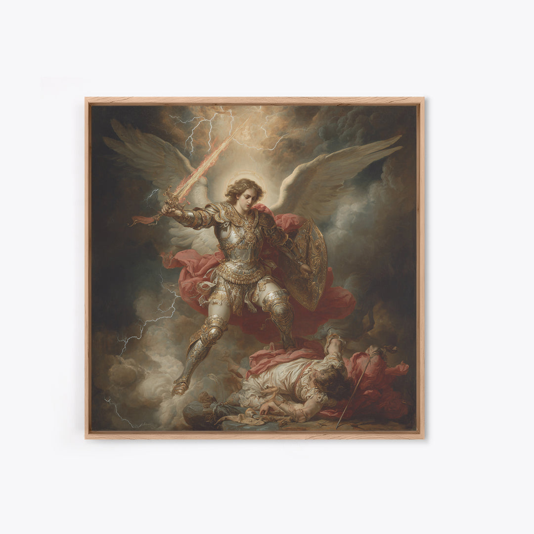 Archangel Michael Defeating Demon Framed Canvas Print, Baroque Religious Wall Art, Catholic Gift, Dramatic Fine Art Print