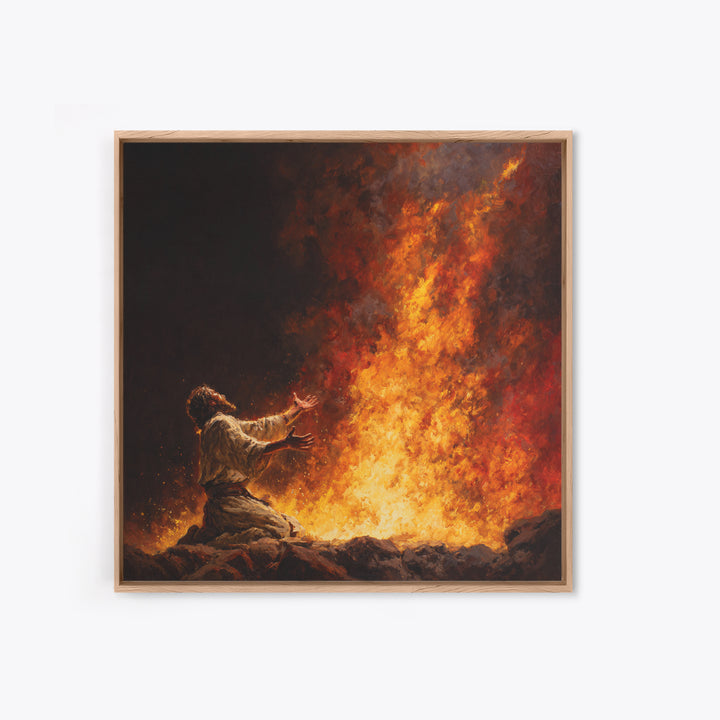 Kneeling Prophet Before Blazing Fire Wall Art, Biblical Painting, Spiritual Canvas Wall Art, Dramatic Christian Home Decor