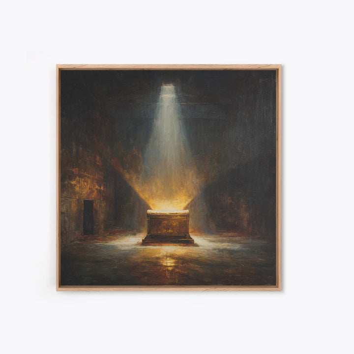Glowing Ark In Ancient Chamber Framed Canvas Print, Dark Academia Wall Art, Biblical Oil Painting, Spiritual Home Decor Print