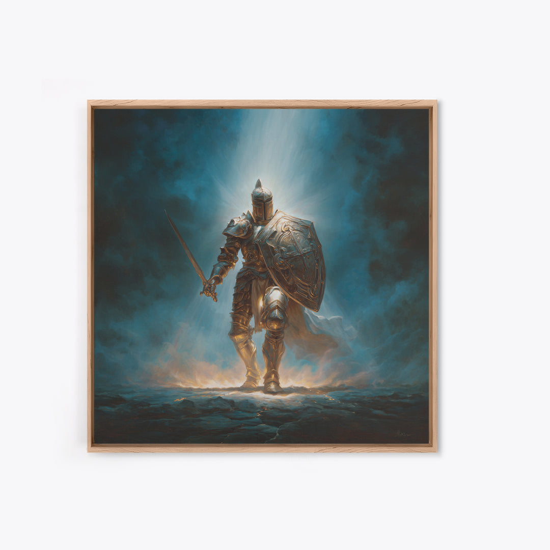 Heroic Silver Knight With Sword And Shield Wall Art, Fantasy Warrior Framed Canvas Print, Gothic Decor, Dramatic Office Art