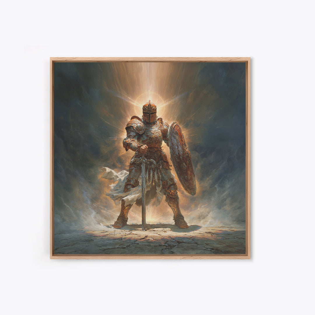 Glowing Medieval Knight Framed Canvas Print, Fantasy Wall Art, Warrior Armor Painting For Man Cave Decor And Gift For Him
