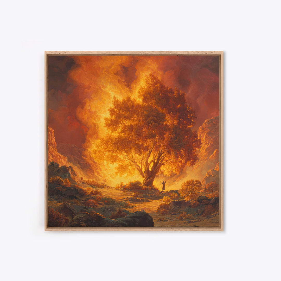 Fiery Burning Bush In Desert Wall Art, Biblical Christian Canvas Print, Spiritual Landscape Decor, Religious Housewarming Gift