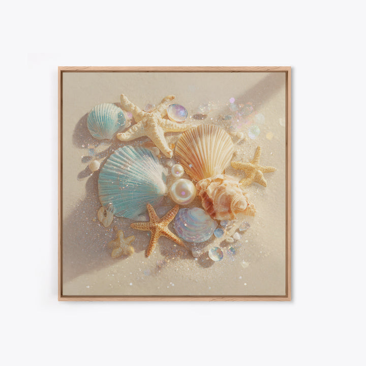 Seashells Starfish And Pearls Wall Art, Coastal Beach Canvas Print, Ocean Life Decor For Bathroom Or Beach House Home Decor