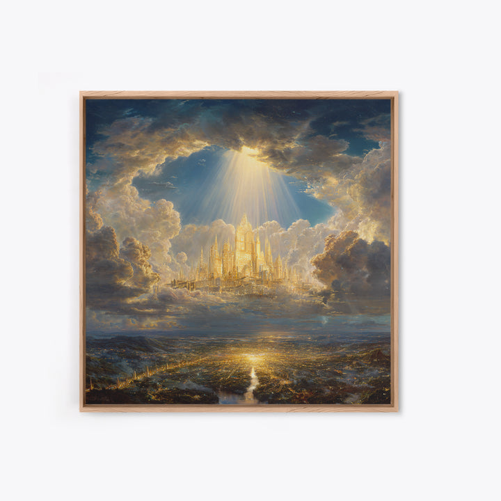 Golden Celestial City Above Clouds Wall Art, Heavenly Fantasy Canvas Print, Spiritual Landscape Decor, Statement Artwork Gift