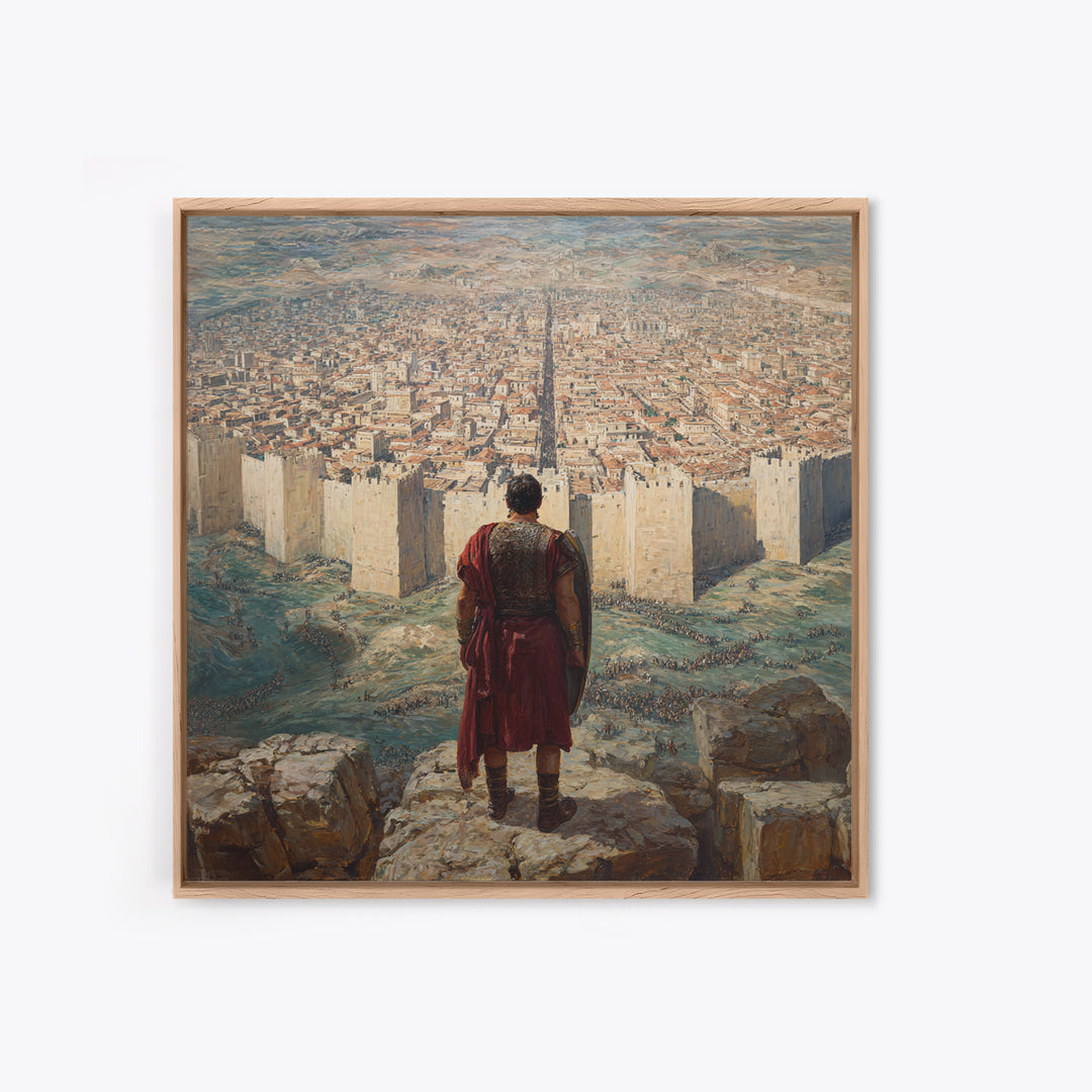 Warrior Over Ancient Walled City Wall Art, Biblical Landscape Framed Canvas Print, Historical Masculine Office Decor Gift