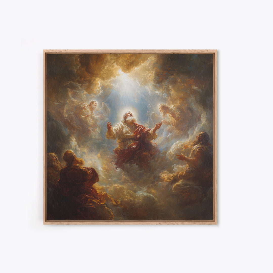 Biblical Prophet Ascending In Golden Clouds Framed Canvas Print, Christian Wall Art, Religious Home Decor, Prayer Room Gift