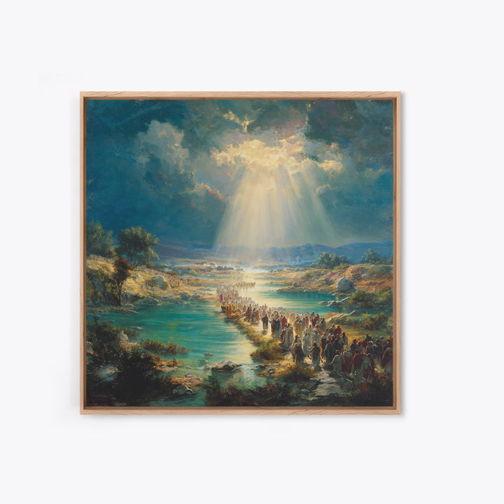 Biblical River Crossing Canvas Print, Radiant Sunbeams Over Sacred Landscape, Christian Wall Art, Religious Home Decor, Prayer Room Decor