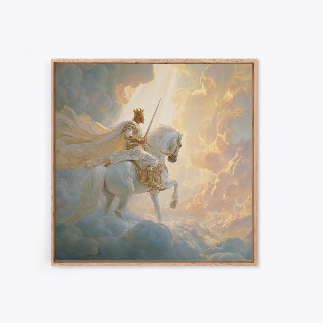 Heavenly King On White Horse Wall Art, Biblical Fantasy Art Print, Christian Home Decor, Ethereal Clouds Framed Canvas Print