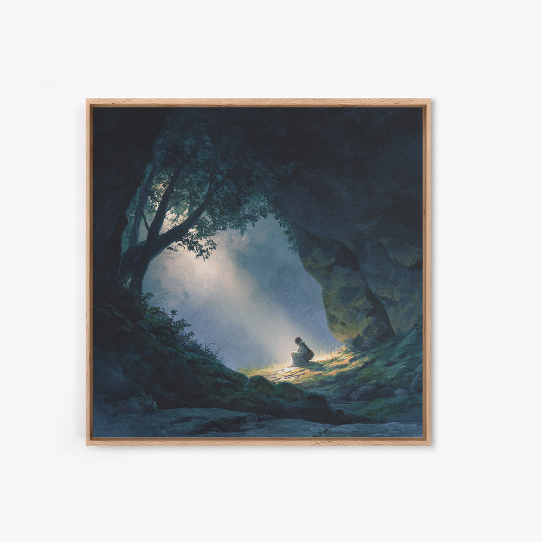 Mystic Cave Seeker Framed Canvas Print, Fantasy Wall Art, Moody Forest Decor, Surreal Adventure Art, Meditation Room Decor