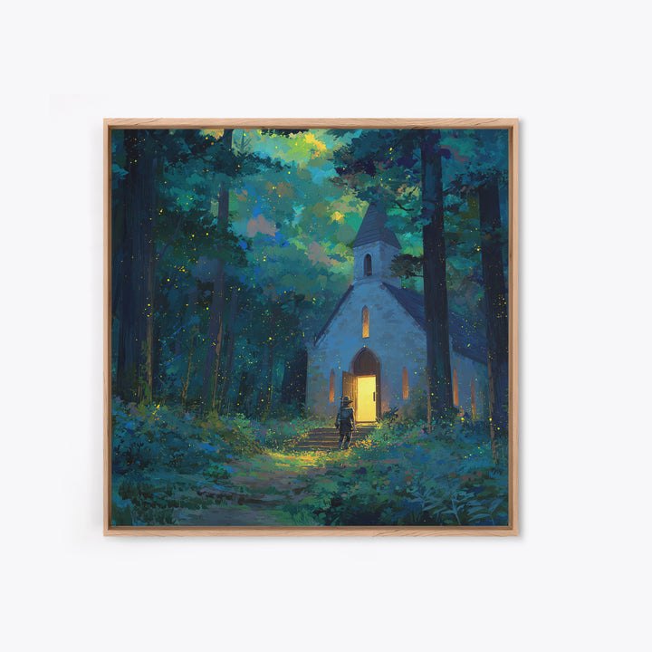 Glowing Chapel In Enchanted Forest Wall Art, Whimsical Christian Canvas Print, Fairy Tale Decor, Kids Room Art, Nursery Decor