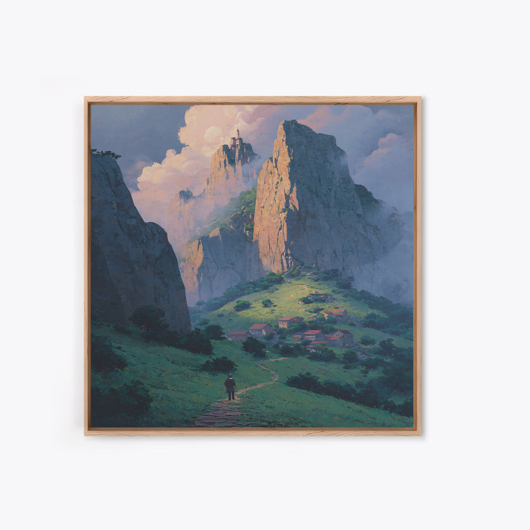 Fantasy Mountain Village Below Castle Wall Art, Dreamy Landscape Print, Storybook Decor, Whimsical Fantasy Art, Nursery Wall Art