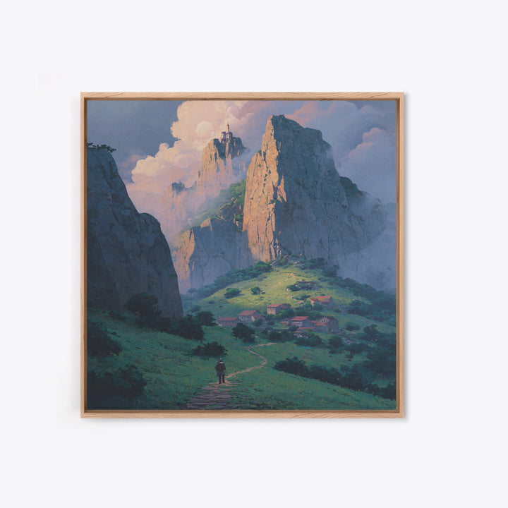 Fantasy Mountain Village Below Castle Wall Art, Dreamy Landscape Print, Storybook Decor, Whimsical Fantasy Art, Nursery Wall Art