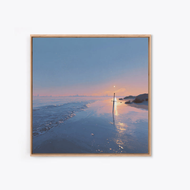 Pastel Beach Sunset With Sword Reflection Wall Art, Coastal Canvas Print, Minimal Ocean Landscape Bedroom Decor Gift For Her