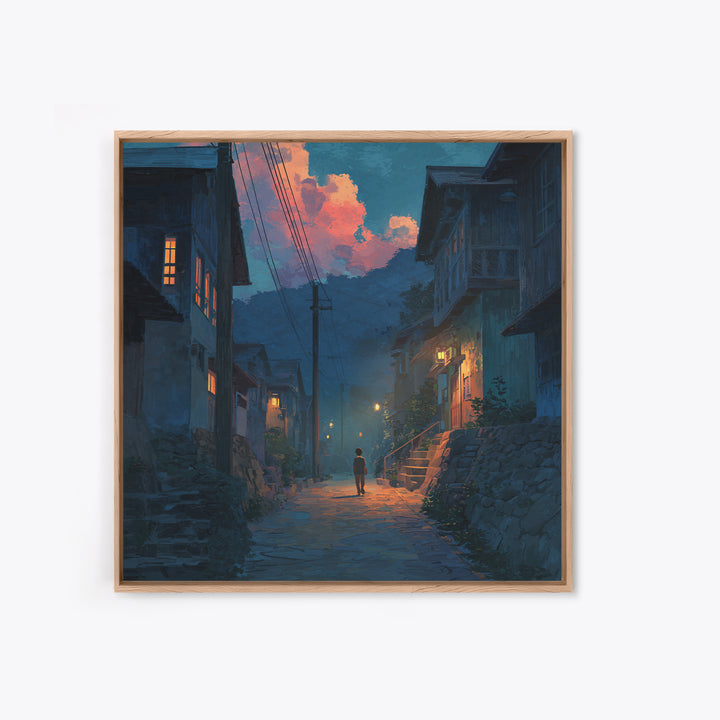 Child Walking Through Twilight Mountain Village Canvas Print, Moody Alley Wall Art, Cozy Blue Landscape, Whimsical Decor