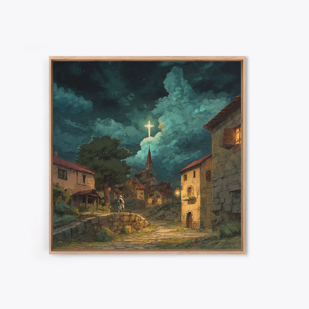 Moonlit Christian Village With Glowing Cross Wall Art, Storybook Church Canvas Print, Rustic Faith Decor For Cozy Home Decor