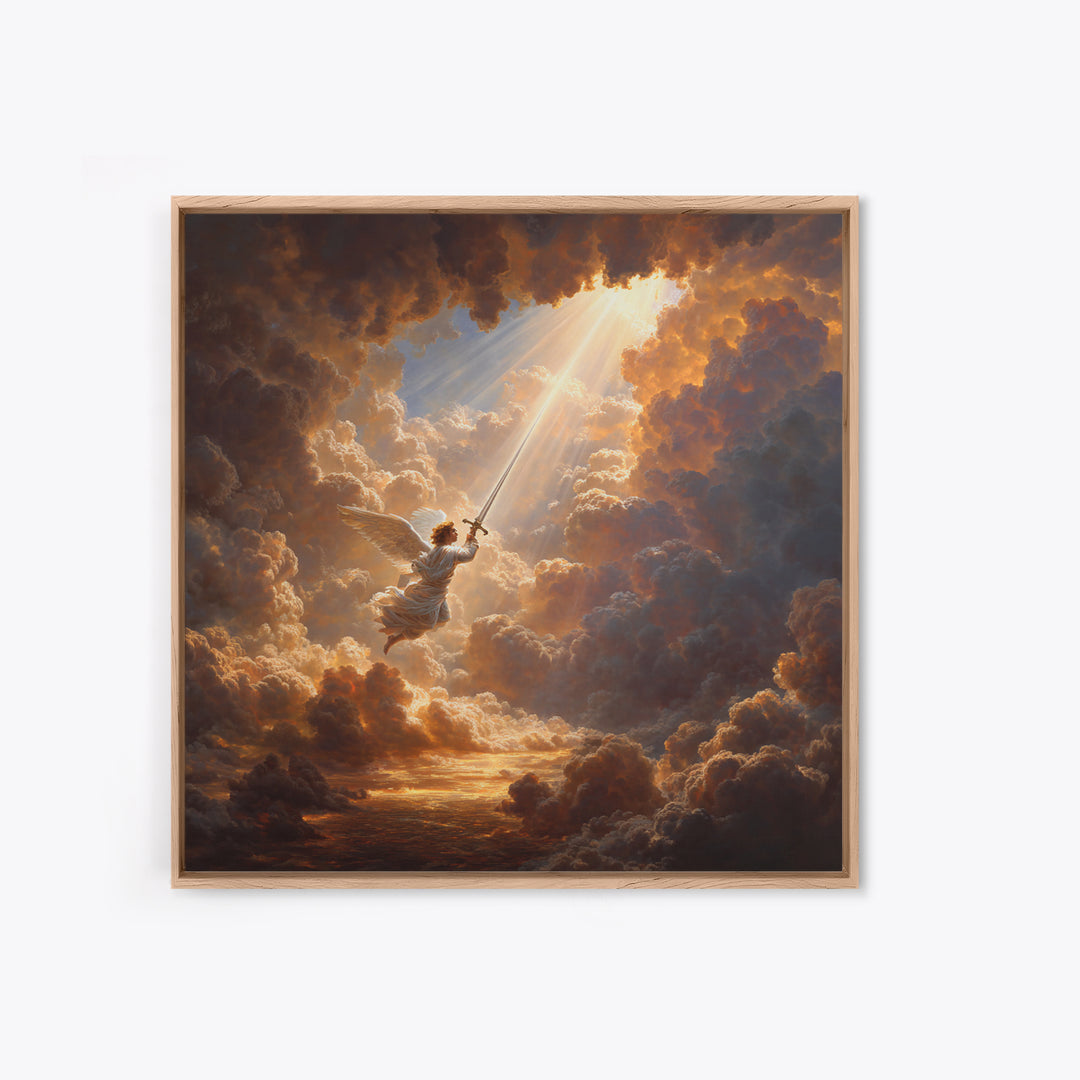 Angelic Warrior In Storm Clouds Framed Canvas Print, Christian Wall Art, Celestial Sword Painting For Prayer Room Decor Gift