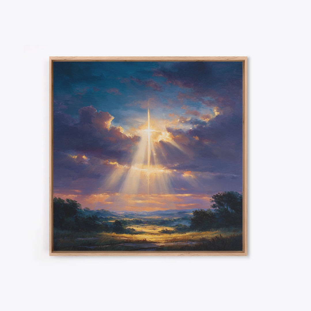 Radiant Cross Above Sunrise Valley Wall Art, Christian Landscape Canvas Print, Spiritual Decor, Inspirational Faith Gift