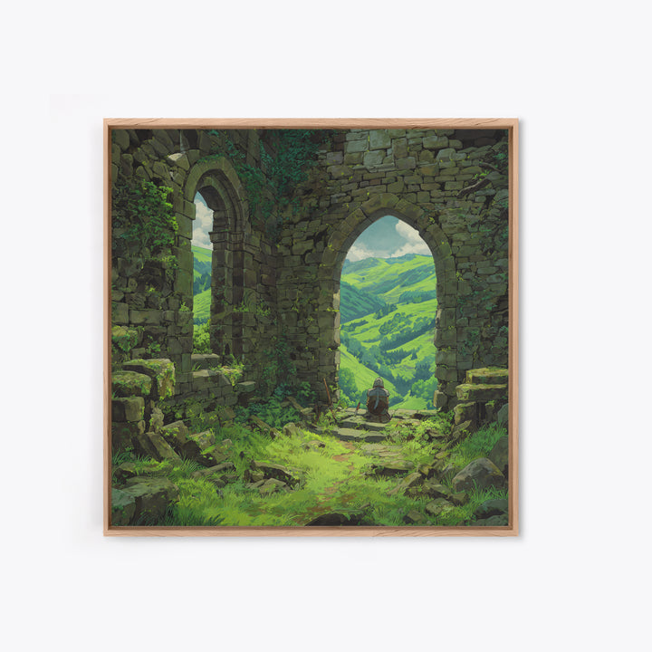 Castle Ruins Green Valley Knight Wall Art, Fantasy Landscape Canvas Print, Medieval Adventure Home Decor, Gamer Gift For Him