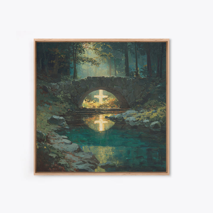 Glowing Cross Beneath Stone Bridge Framed Canvas Print, Christian Wall Art, Forest Stream Landscape, Calming Home Decor Gift