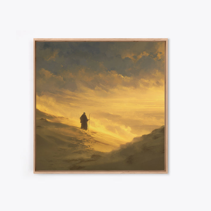 Lone Pilgrim Crossing Golden Desert Wall Art, Spiritual Landscape Canvas Print, Minimalist Desert Decor, Warm Neutral Home Decor