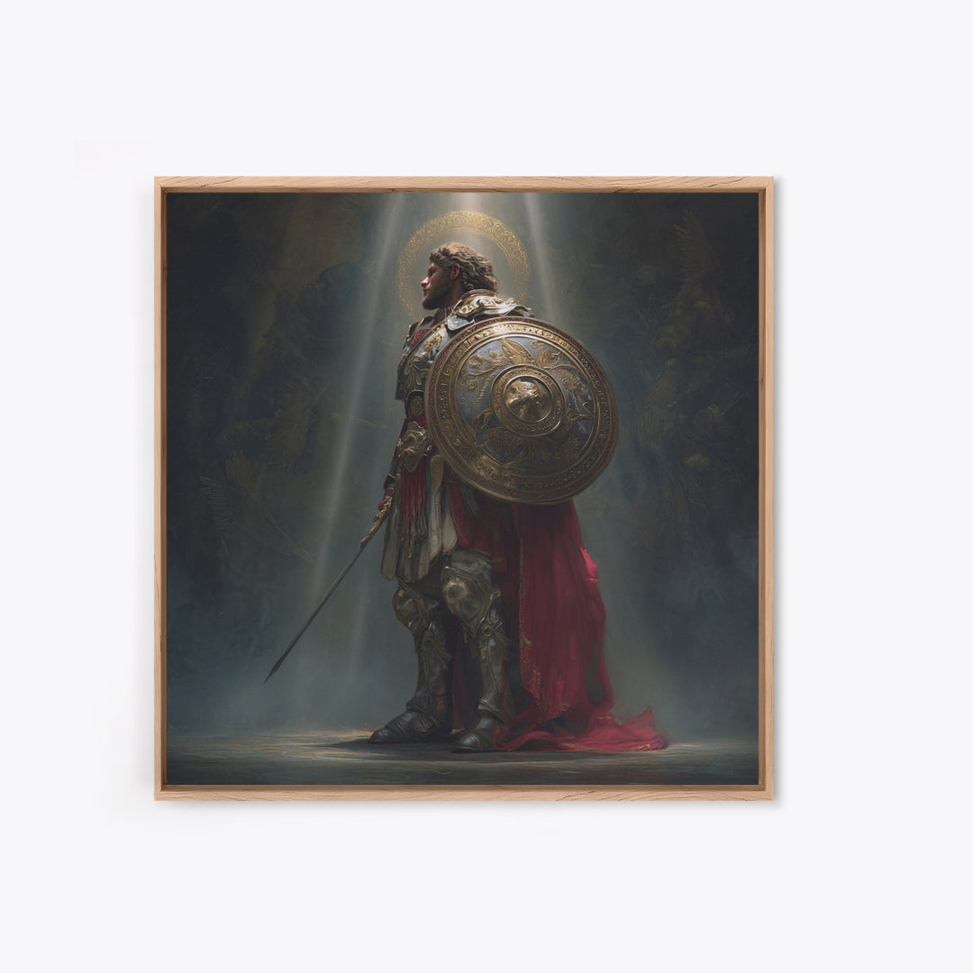Angelic Warrior With Shield Framed Canvas Print, Dark Fantasy Wall Art, Renaissance Knight Decor For Dramatic Home Decor