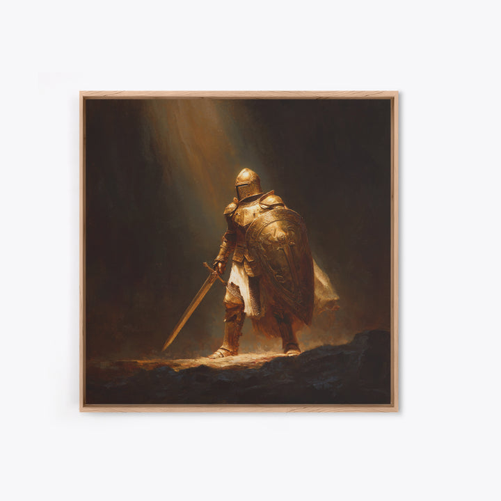 Golden Knight With Sword Canvas Print, Dark Fantasy Warrior Wall Art, Medieval Armor Painting, Masculine Office Decor, Gift For Him