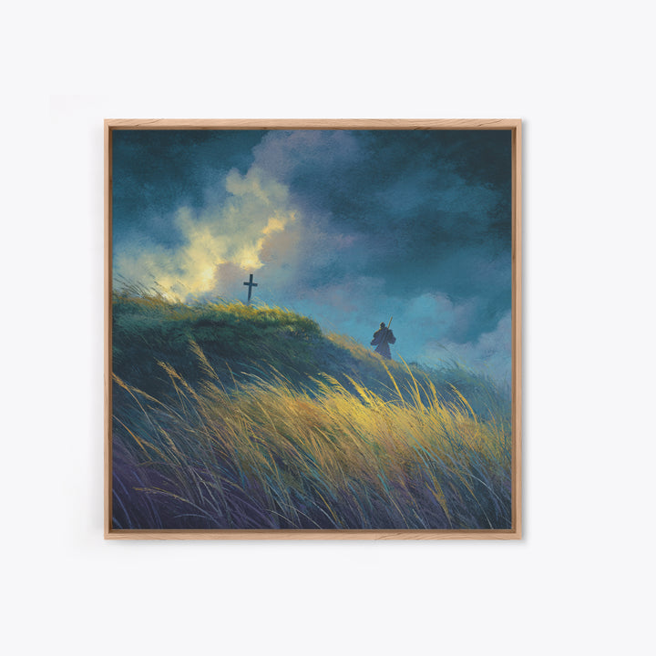 Solitary Pilgrim Near Cross Wall Art, Moody Christian Canvas Print, Windy Grassland, Spiritual Landscape Decor Gift For Him
