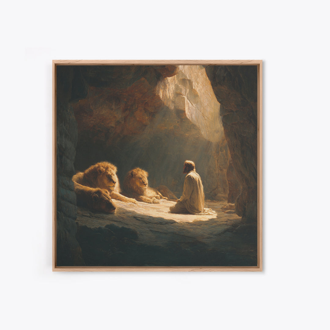 Daniel With Lions In Cave Wall Art, Biblical Christian Canvas Print, Jesus Artwork, Religious Home Decor Gift For Prayer Room