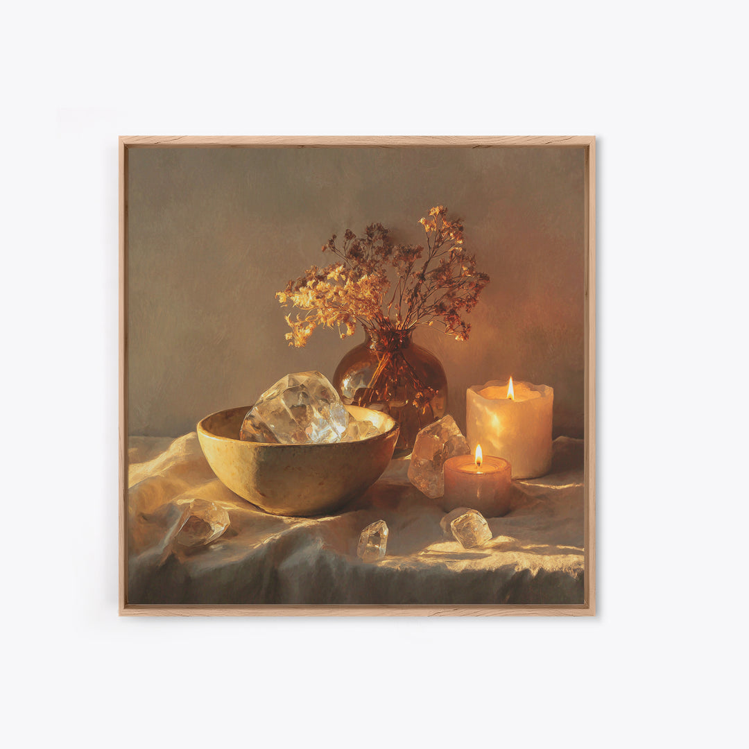 Glowing Candles Crystals And Dried Flowers Wall Art, Spiritual Still Life Canvas Print, Cozy Spa Decor For Bedroom And Meditation Room