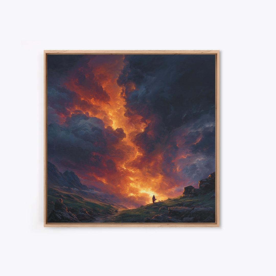 Fiery Mountain Storm At Sunset Wall Art, Dramatic Fantasy Landscape Canvas Print, Moody Maximalist Living Room Decor Gift