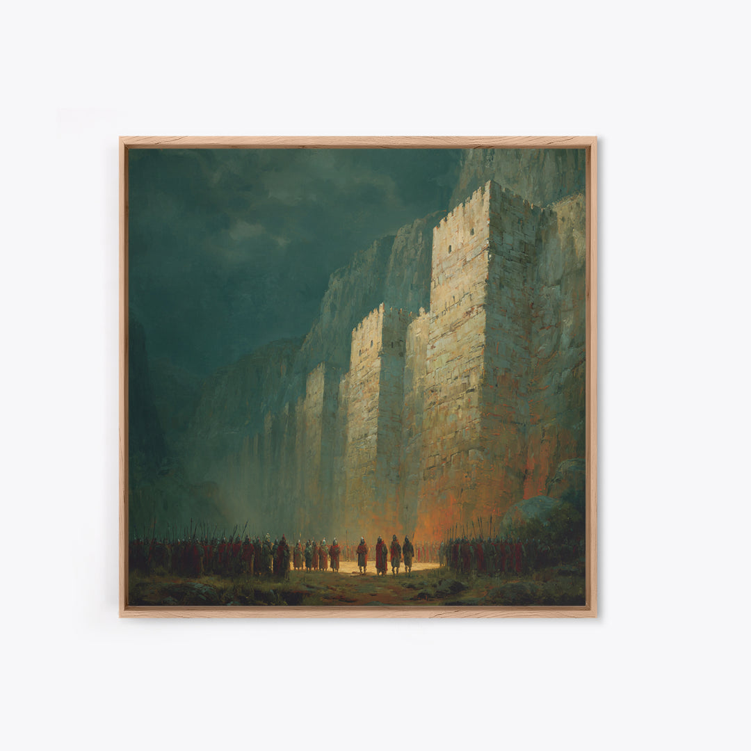 Towering Fortress In Misty Canyon Canvas Print, Epic Fantasy Wall Art, Medieval Castle Decor, Large Statement Artwork Print