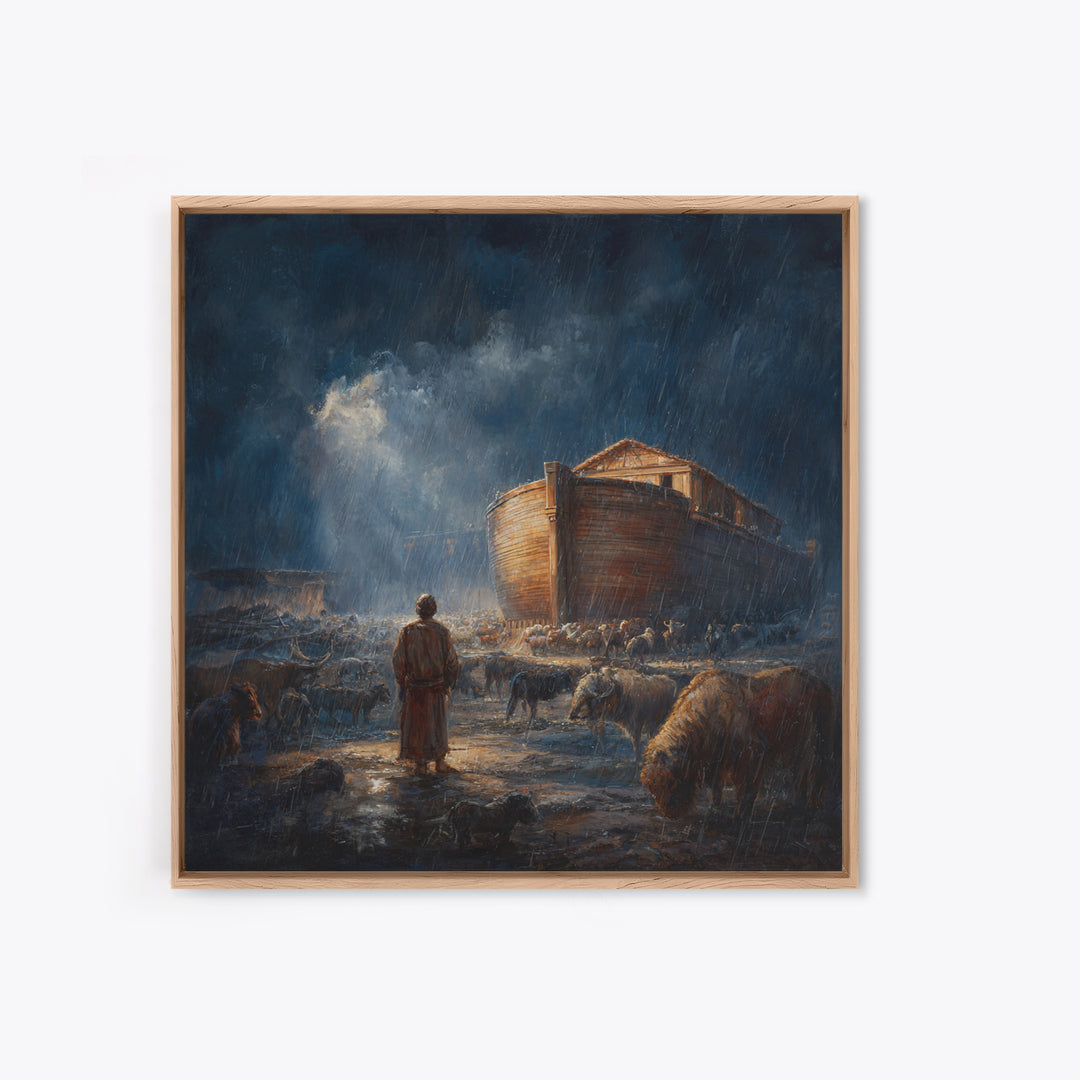 Noahs Ark In Stormy Rain With Animals Canvas Print, Biblical Wall Art, Christian Decor, Dramatic Nursery Or Living Room Art