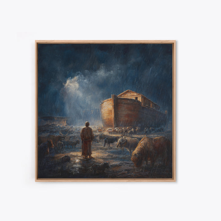 Noahs Ark In Stormy Rain With Animals Canvas Print, Biblical Wall Art, Christian Decor, Dramatic Nursery Or Living Room Art