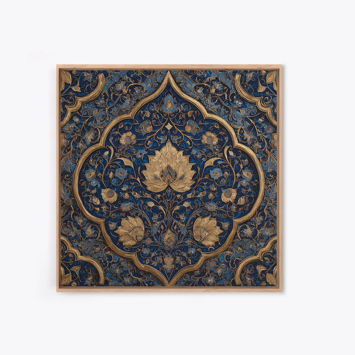 Ornate Blue Gold Islamic Floral Pattern Wall Art, Moroccan Tile Canvas Print, Elegant Arabic Home Decor For Living Room Wall