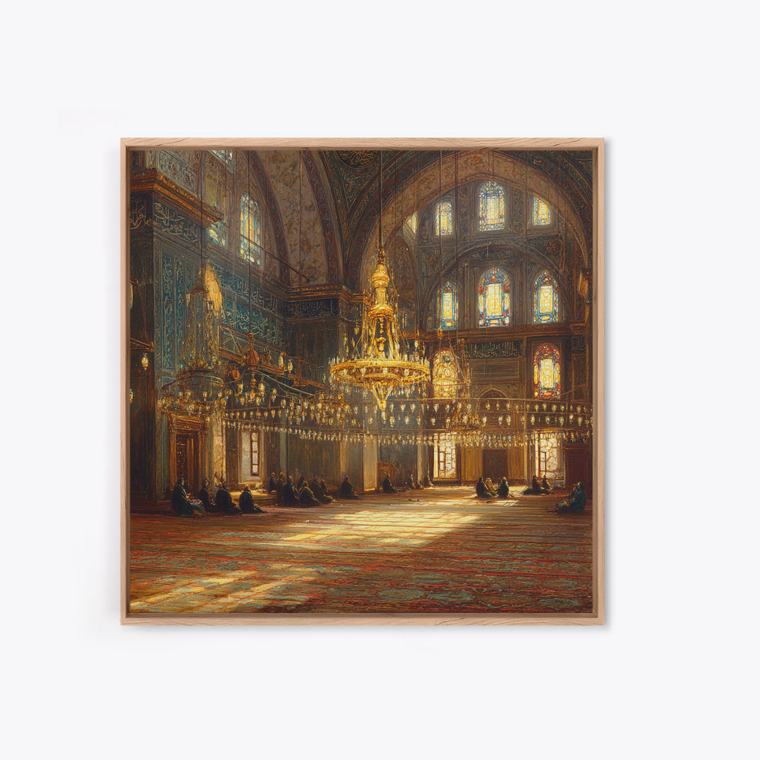 Ornate Mosque Chandelier Wall Art, Islamic Interior Canvas Print, Arabic Calligraphy Decor, Prayer Room Framed Canvas Art