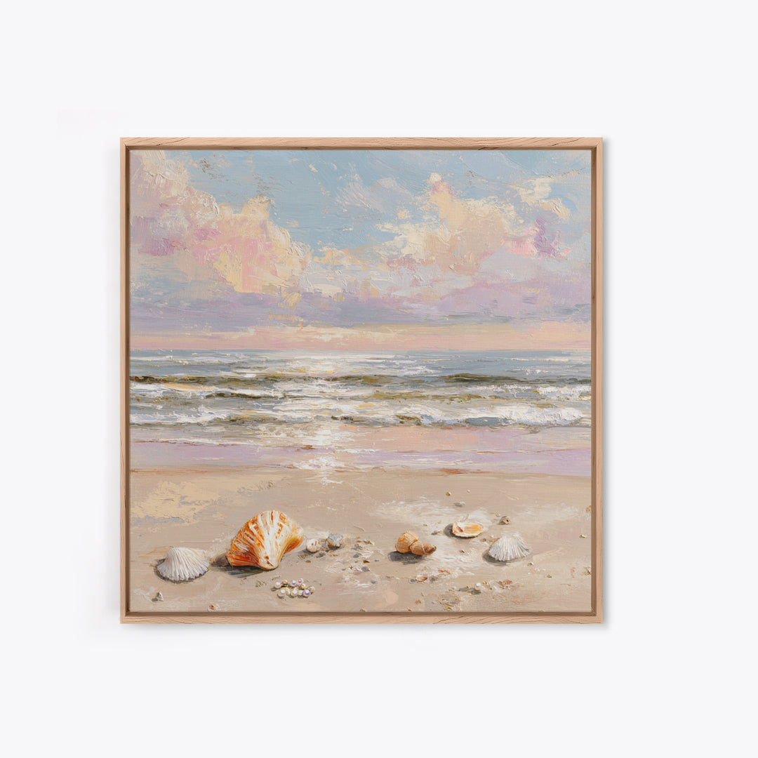 Pastel Ocean Waves And Seashells Wall Art, Coastal Seascape Framed Canvas Print, Beach House Living Room Decor For Bedroom