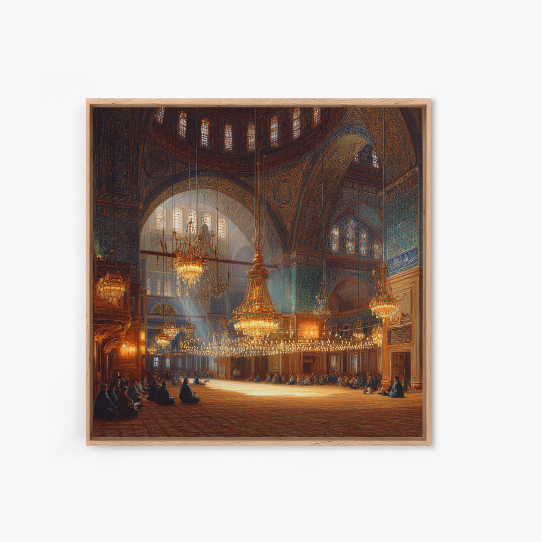 Ornate Mosque Interior With Chandeliers Wall Art, Islamic Architecture Framed Canvas Print, Prayer Room Decor, Luxury Wall Decor