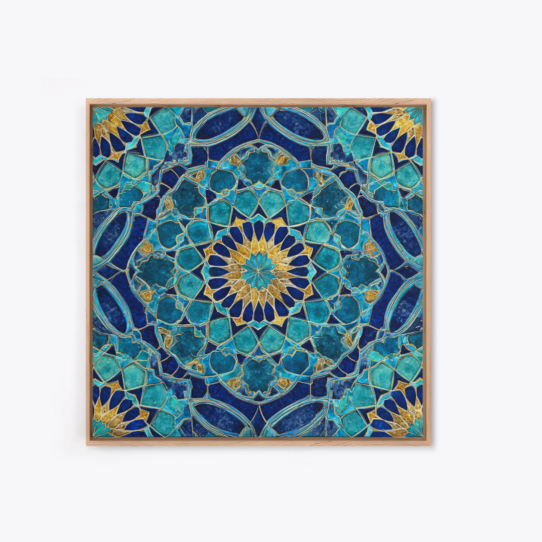 Teal Islamic Geometric Tile Wall Art, Moroccan Mosaic Pattern, Blue Gold Boho Decor, Mediterranean Canvas Print, Kitchen Decor