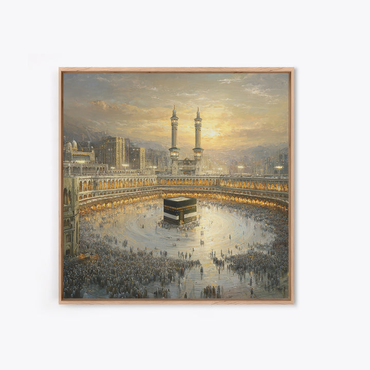 Golden Mecca Kaaba Pilgrimage Canvas Print, Islamic Wall Art, Masjid Al Haram Decor, Spiritual Muslim Gift For Home And Prayer Room