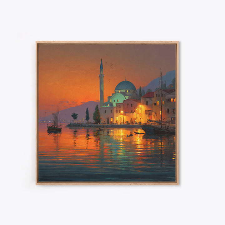 Waterfront Mosque At Orange Sunset Canvas Print, Islamic Architecture Art, Coastal Wall Decor, Travel Poster For Living Room