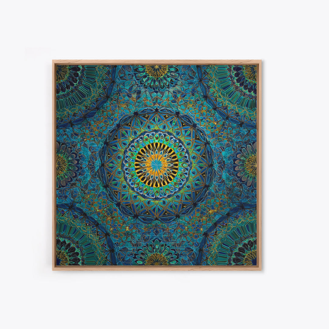Teal Gold Geometric Mandala Wall Art, Sacred Geometry Abstract Print, Boho Spiritual Decor, Modern Meditation Room Art Gift