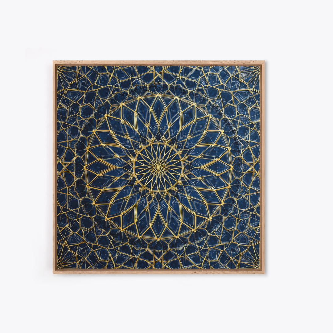 Blue Gold Geometric Mandala Canvas Print, Islamic Pattern Wall Art, Moroccan Abstract Decor For Meditation Room And Office