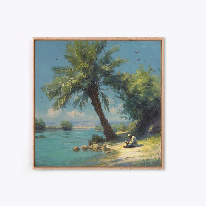 Leaning Palm By Blue Lagoon Wall Art, Tropical Coastal Landscape Painting, Serene Nature Decor, Mediterranean Canvas Print